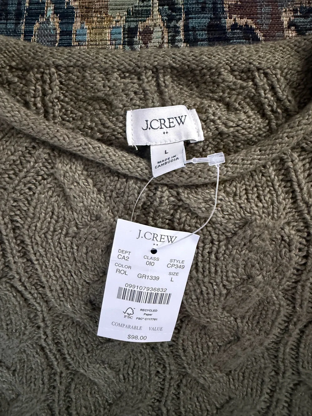 J.Crew Factory Cable Knit Roll Neck Sweater Forest Green NWT Large